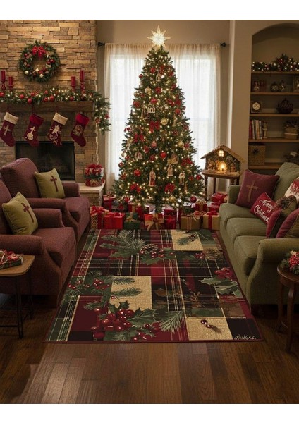 Koseli Yılbaşı Temalı Yıkanabilir Halı – Kaymaz Taban, Çam & Kozalak Desen