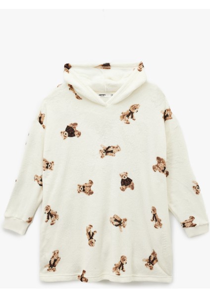 Kapüşonlu Uzun Kollu Ayıcık Baskılı Oversize Sabahlık