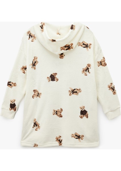 Kapüşonlu Uzun Kollu Ayıcık Baskılı Oversize Sabahlık fiyatları