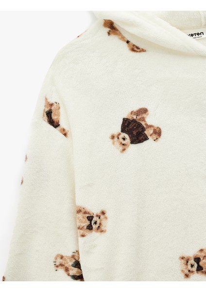 Kapüşonlu Uzun Kollu Ayıcık Baskılı Oversize Sabahlık modelleri