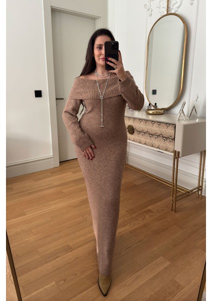 Madonna Yaka Uzun Triko Elbise- Camel