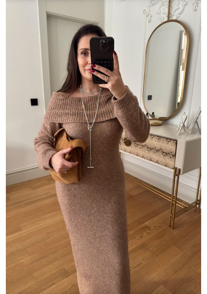 Madonna Yaka Uzun Triko Elbise- Camel modelleri