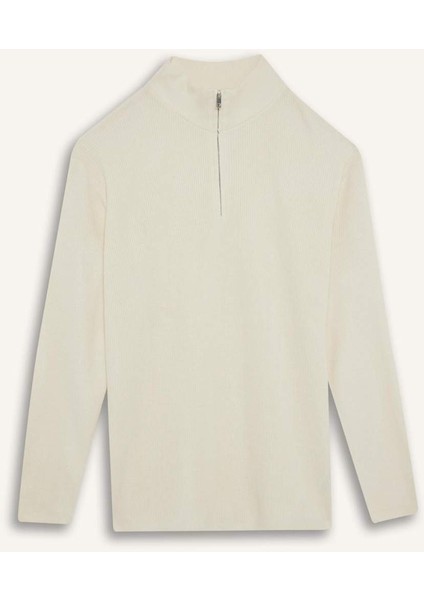 Standart Fit Normal Kesim Bato Yaka Fermuarlı Basic Düz Triko Kazak
