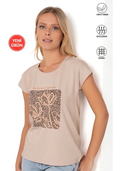 Özkan 27580 Kadın Kahve Vorteks Viskon Premium Kumaş Baskılı Kısa Kollu Örme Bluz