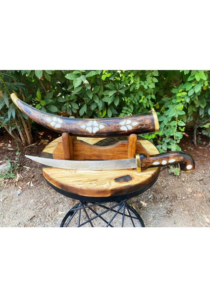 Ceviz Ağacından Kakmalı Şık Tasarımlı Koleksiyonluk Hançer - Ahşap Görünüm - 56 cm