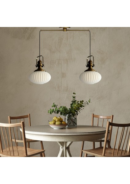 Elegant Cam Beyaz Ikili Metal Çubuk Avize Eskitme Başlık Sarkıt Lamba Salon Aydınlatma
