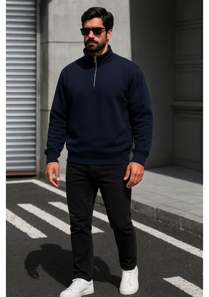 Erkek Trend Oversize Lacivert Fermuarlı Sweatshirt