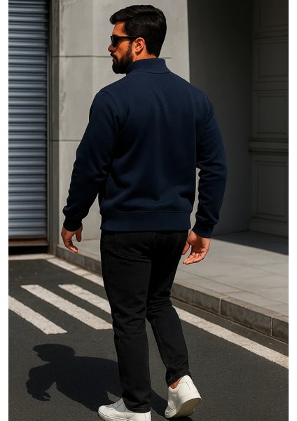 Erkek Trend Oversize Lacivert Fermuarlı Sweatshirt