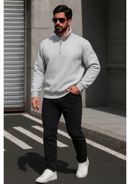Erkek Trend Oversize Gri Fermuarlı Sweatshirt