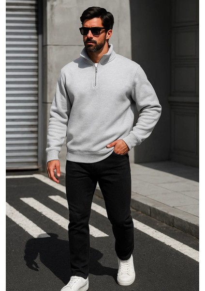 Erkek Trend Oversize Gri Fermuarlı Sweatshirt fiyatları