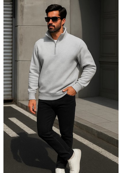 Erkek Trend Oversize Gri Fermuarlı Sweatshirt fırsatları