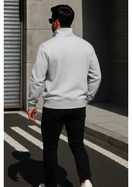 Erkek Trend Oversize Gri Fermuarlı Sweatshirt