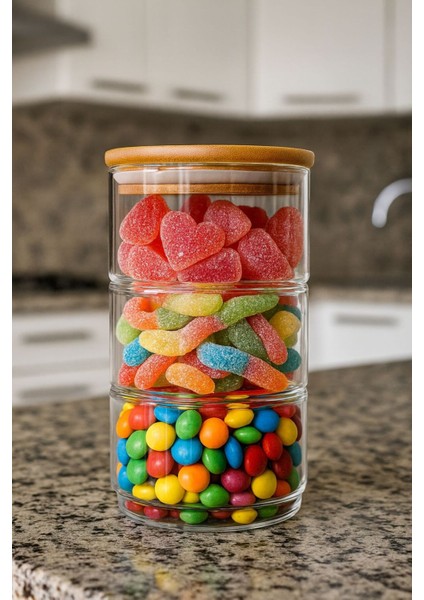 3 Katlı Cam Saklama Kabı – Vakumlu Bambu Kapak Drajelik, Çerezlik, Şekerlik, Kahvaltılık