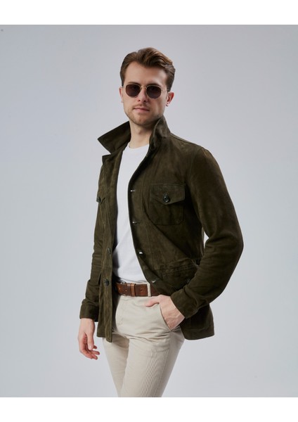 Erkek Safari Düğmeli Hakiki Deri Haki Yeşilsüet Ceket fırsatları