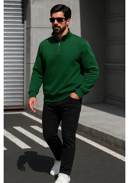 Erkek Trend Oversize Yeşil Fermuarlı Sweatshirt