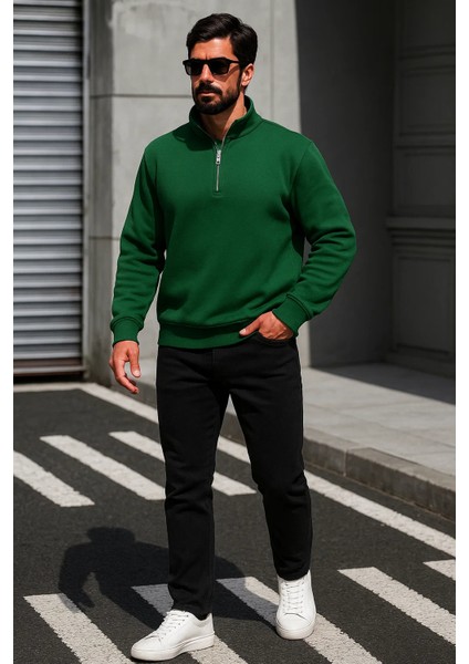 Erkek Trend Oversize Yeşil Fermuarlı Sweatshirt fiyatları