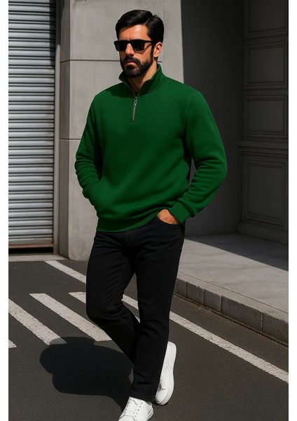 Erkek Trend Oversize Yeşil Fermuarlı Sweatshirt modelleri