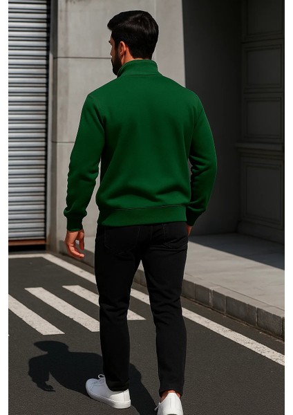 Erkek Trend Oversize Yeşil Fermuarlı Sweatshirt
