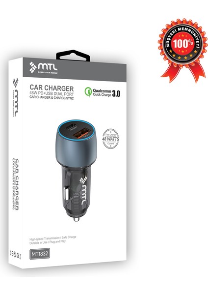 48W (Pd) Qc3.0 Hızlı Şarj Destekli Çift Portlu (Type-C ve Usb) Araç Şarj Cihazı MT-A1832 modelleri