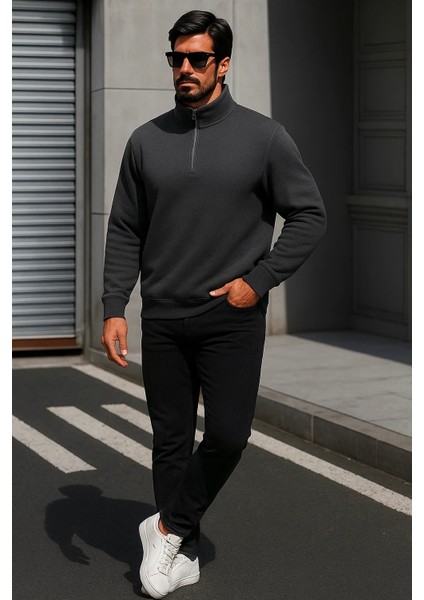Erkek Trend Oversize Antrasit Fermuarlı Sweatshirt fırsatları