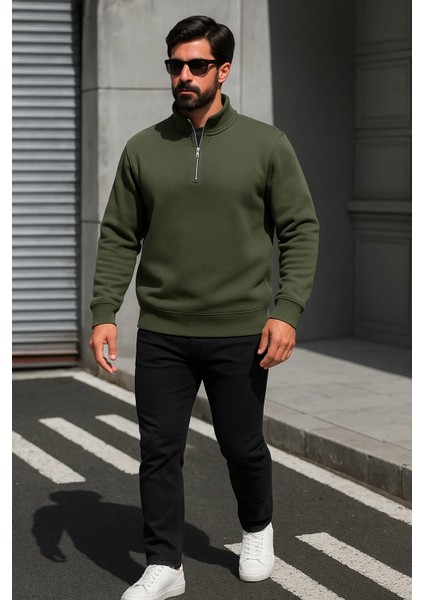 Erkek Trend Oversize Haki Fermuarlı Sweatshirt
