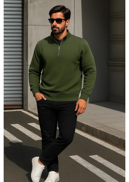 Erkek Trend Oversize Haki Fermuarlı Sweatshirt fırsatları