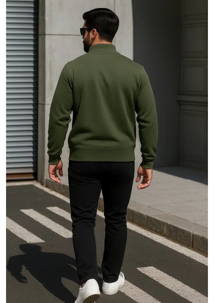 Erkek Trend Oversize Haki Fermuarlı Sweatshirt