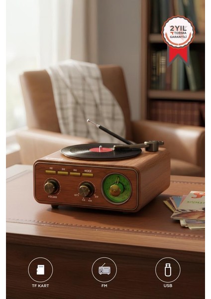 D75 Ahşap Plak Görünümlü Nostalji Kablosuz Speaker / Wireless Hoparlör