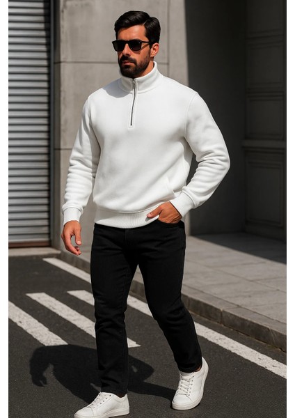Erkek Trend Oversize Beyaz Fermuarlı Sweatshirt