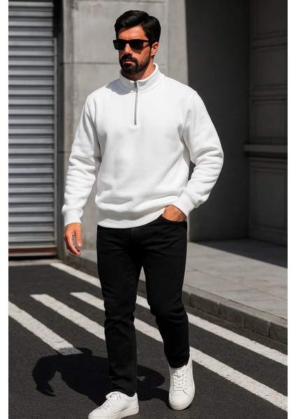 Erkek Trend Oversize Beyaz Fermuarlı Sweatshirt fiyatları