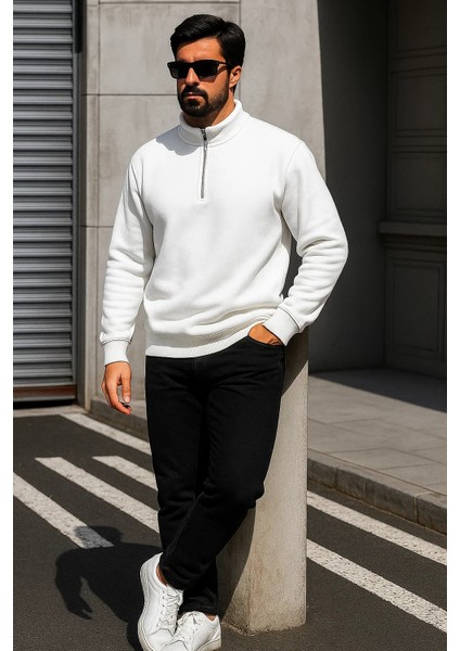 Erkek Trend Oversize Beyaz Fermuarlı Sweatshirt modelleri