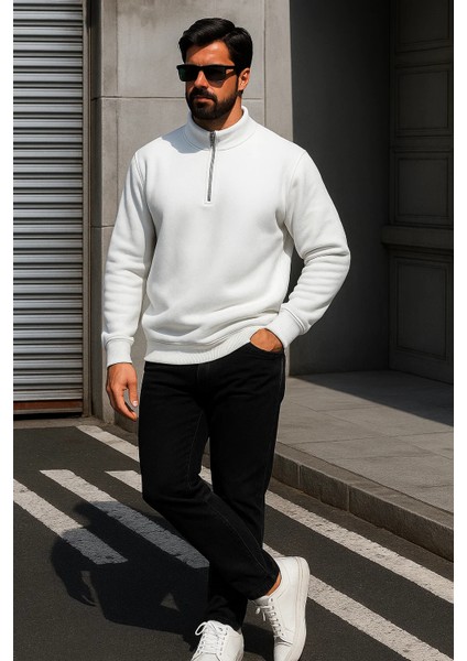 Erkek Trend Oversize Beyaz Fermuarlı Sweatshirt fırsatları