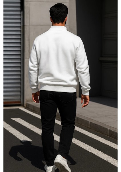 Erkek Trend Oversize Beyaz Fermuarlı Sweatshirt indirimleri