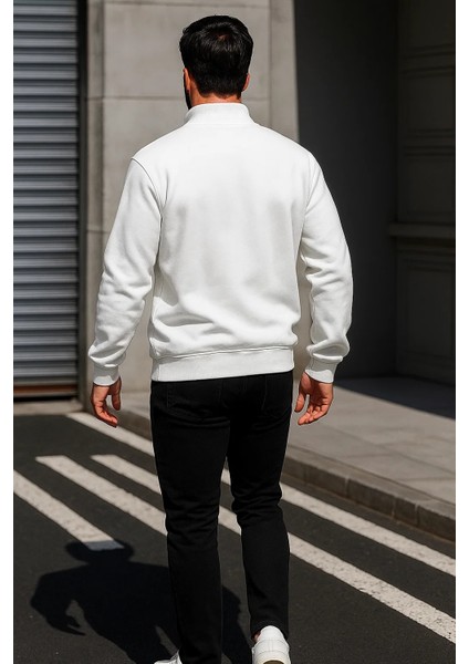 Erkek Trend Oversize Beyaz Fermuarlı Sweatshirt