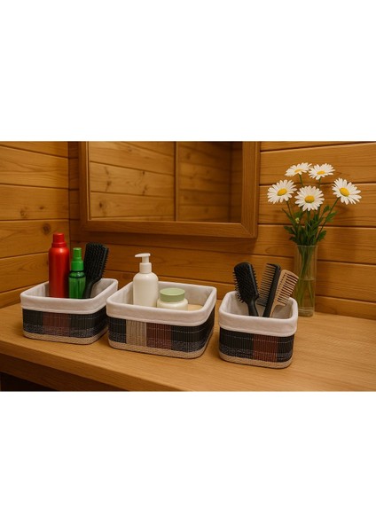 3'lü Bambu Ekose Kare Organizer Sepet, Dekoratif Düzenleyici Banyo Mutfak Sepeti