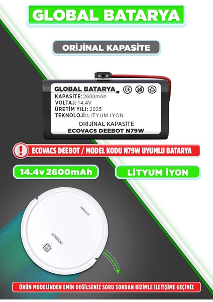 Ecovacs Deebot N79W Uyumlu Akıllı Robot Süpürge Bataryası 14.4V 2600mAh Pil Li-ion (Orijinal Kapasite)