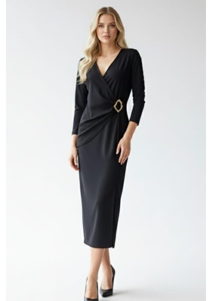 Kadın Kruvaze Yakalı Yırtmaçlı Midi Elbise