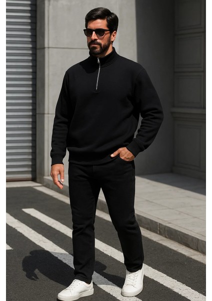 Erkek Trend Oversize Siyah Fermuarlı Sweatshirt