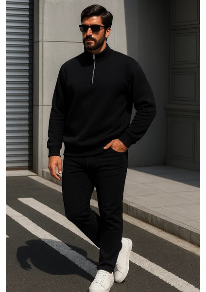 Erkek Trend Oversize Siyah Fermuarlı Sweatshirt modelleri