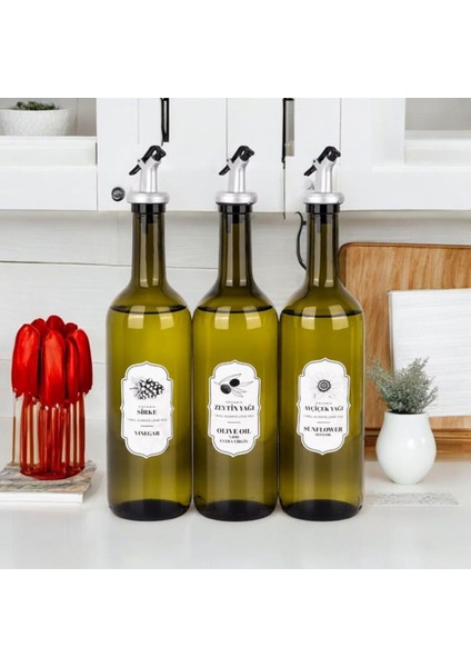3'lü Cam Yağdanlık Seti Başlıklı Sirke Zeytinyağı Ayçiçekyağı Şişesi Yağlık 750 ml