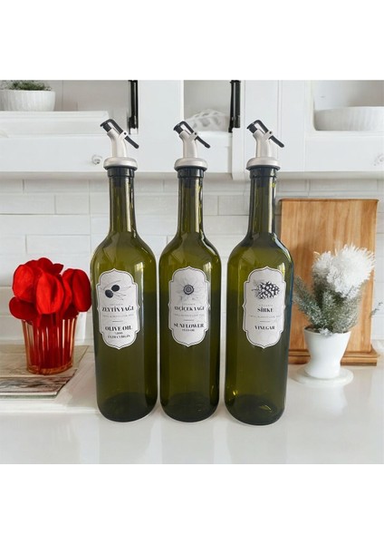 3'lü Cam Yağdanlık Seti Başlıklı Sirke Zeytinyağı Ayçiçekyağı Şişesi Yağlık 750 ml modelleri