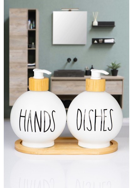 2'li Bambu Altlıklı Bambu Pompalı Tombul Cam Sabunluk Deterjanlık 350 ml