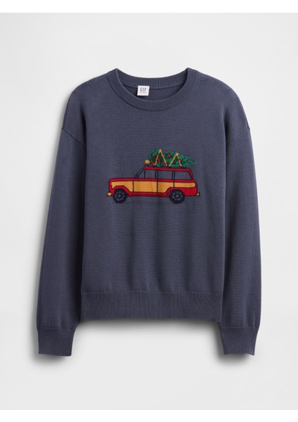 Erkek Çocuk Mavi Intarsia Kazak