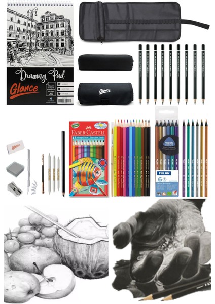 Eskiz Defteri Karakalem Metalik Sulu Kuruboya Kalemi Çantalı Çizim Eskiz Set