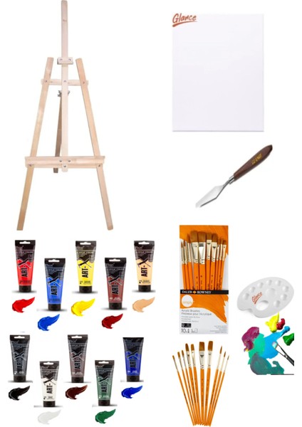 Şövale Art-X Akrilik 118ML 10"lu 35X50 Tuval Daler Rowney Fırçalar Sentetik Snat Fırça Seti 10'lu