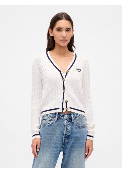 Kadın Beyaz %100 Pamuk Cable Örgü Crop Gap Logo Hırka