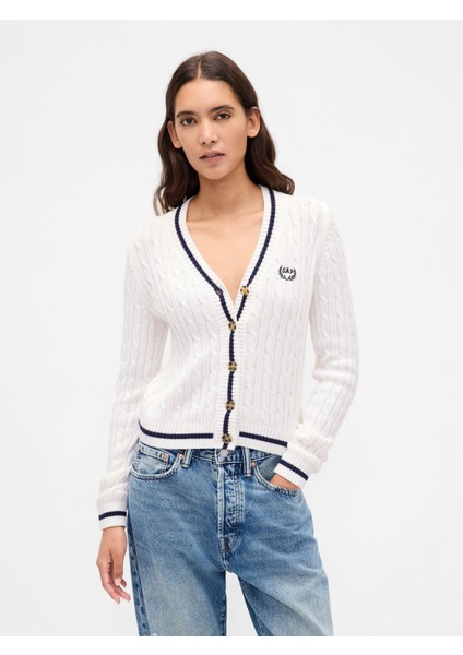 Kadın Beyaz %100 Pamuk Cable Örgü Crop Gap Logo Hırka modelleri