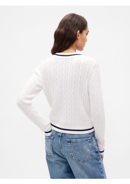 Kadın Beyaz %100 Pamuk Cable Örgü Crop Gap Logo Hırka fırsatları