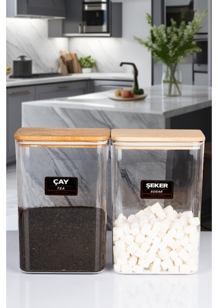 Ahşap Vakum Kapaklı Akrilik Çay Şeker Kavanozu Saklama Kabı Seti 3 Litre Etiketli
