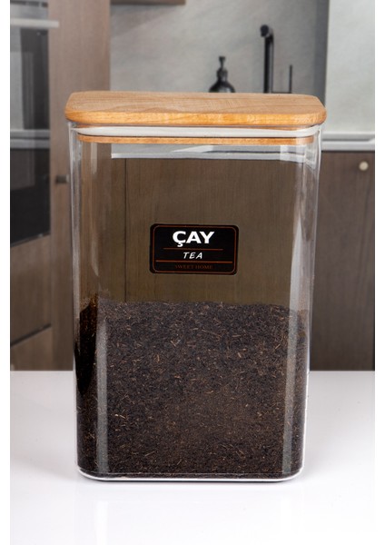 Ahşap Vakum Kapaklı Akrilik Çay Şeker Kavanozu Saklama Kabı Seti 3 Litre Etiketli modelleri